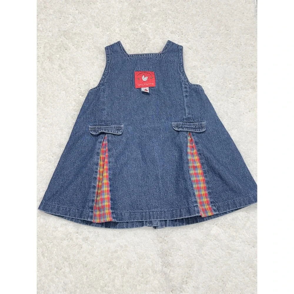 Vtg 90s OshKosh B'gosh Denim Jumper Dress Baby Girls sz 18M Fall Plaid